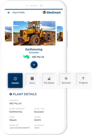 SiteSmart plant profile showing equipment details and access to documents, pre-starts, services and projects.