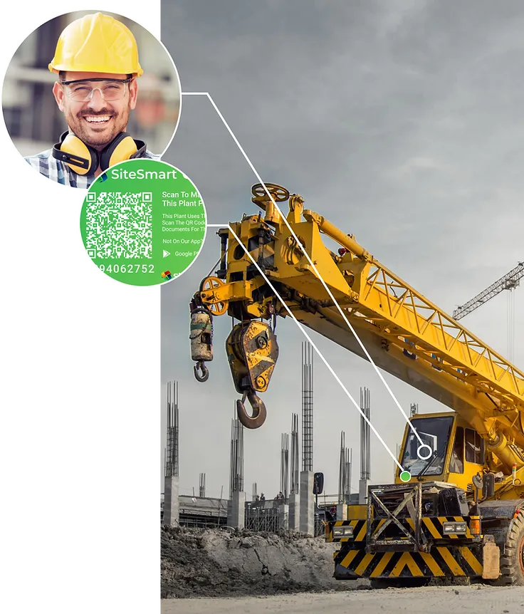 SiteSmart QR label on a crane, with a printed numeric code beneath the QR code.