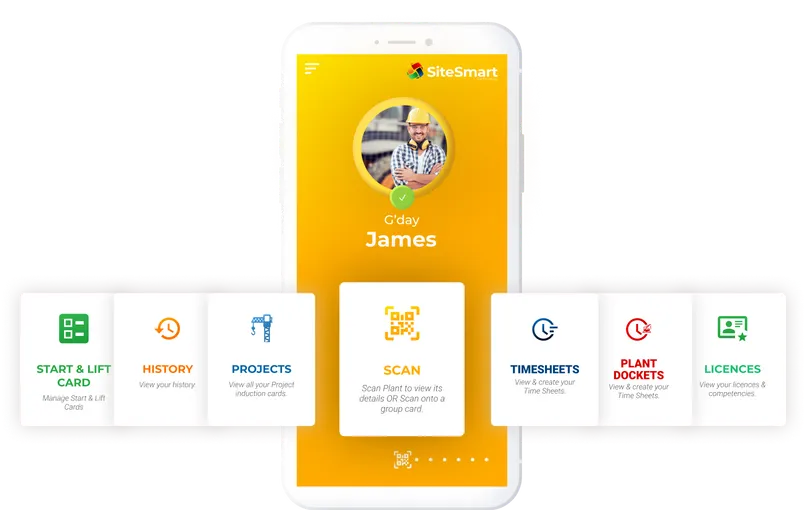 Original SiteSmart worker app with scan, pre-start, timesheet, plant docket and licence actions.